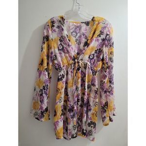 Luv 2 Luv Multicolor Floral Sheer  Drawstring Tunic Cottagecore Top Size Large